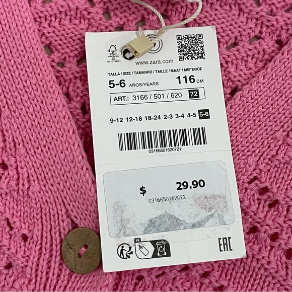 NWT Zara Girl's 5-6 Open Knit Cardigan Sweater Pink Button Down V Neck - Picture 6 of 11